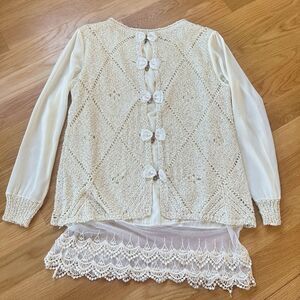 Cream Lace Bow Blouse Romantic Cottagecore Coquette Top XL